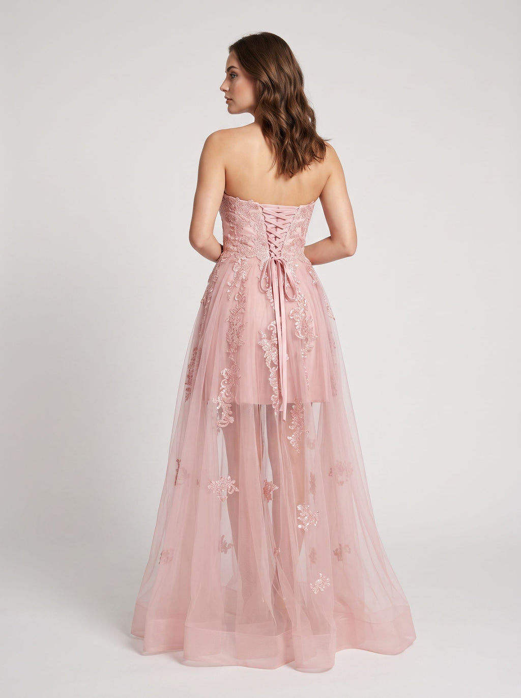 Blushing Pink Tulle A-Line Sweetheart Lace-up Floor-Length Dress with Floral Appliques