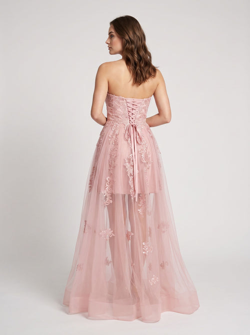 Blushing Pink Tulle A-Line Sweetheart Lace-up Floor-Length Dress with Floral Appliques
