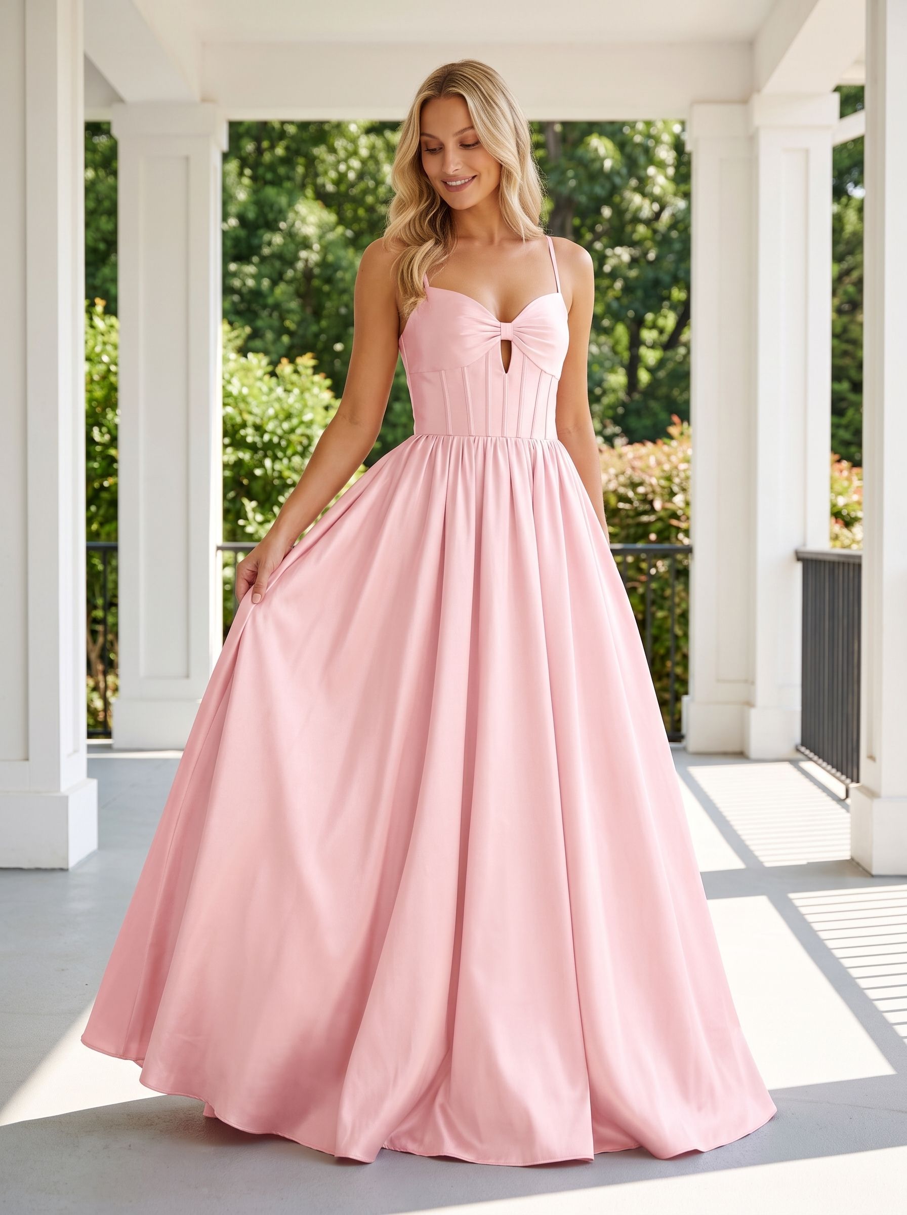 Blush Satin A-Line Sweetheart Corset Back Floor-Length Dress with delicate straps