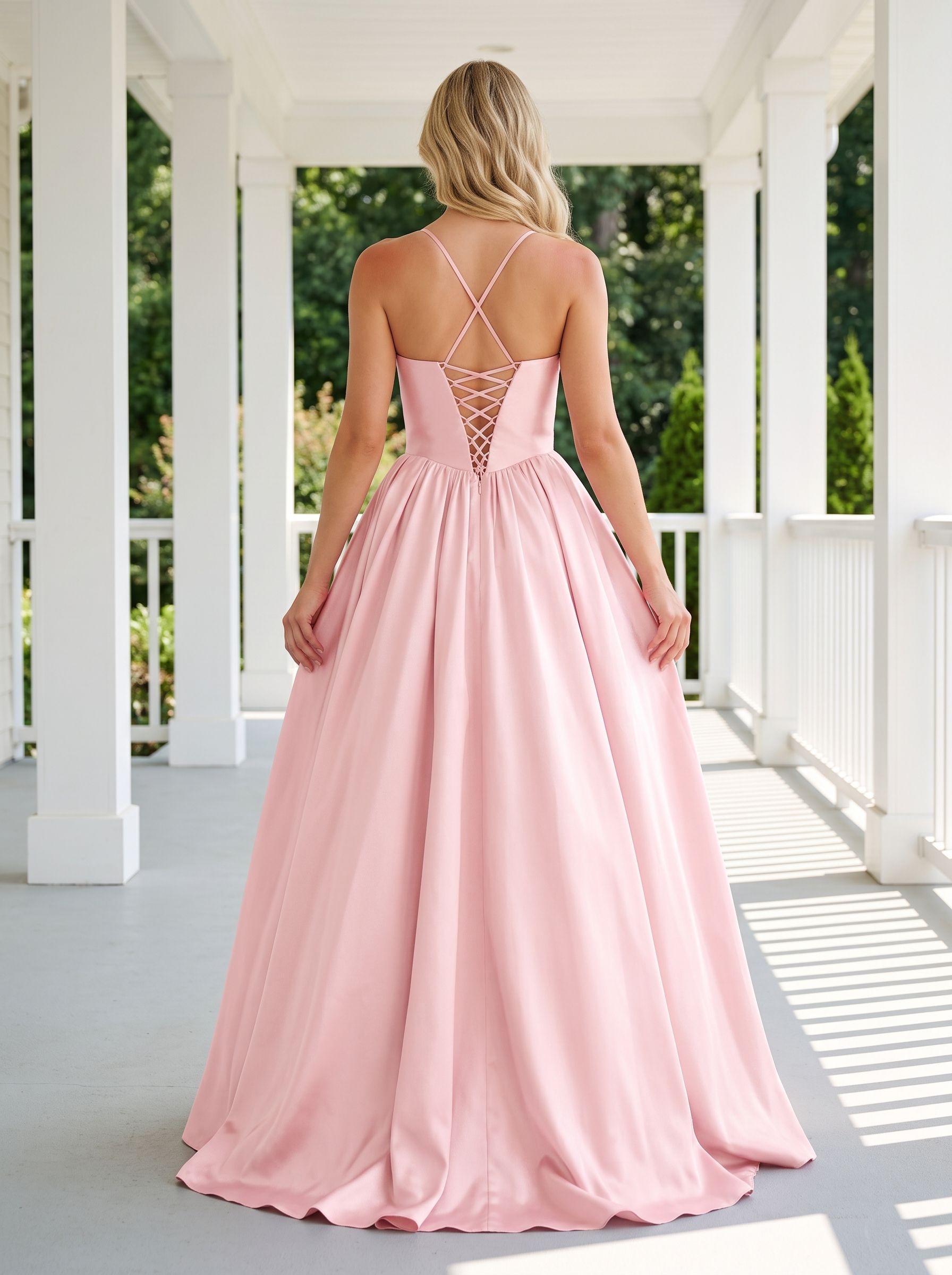 Blush Satin A-Line Sweetheart Corset Back Floor-Length Dress with delicate straps