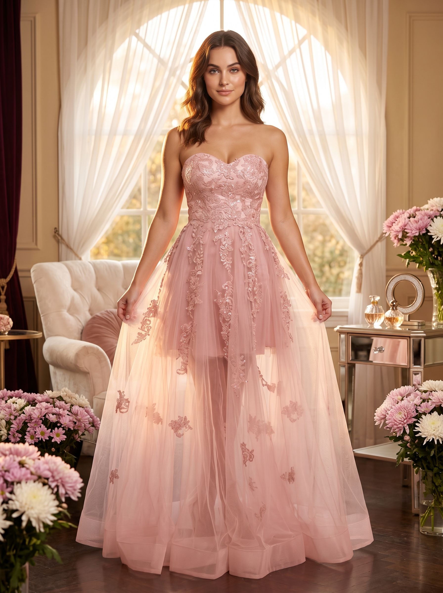 Blushing Pink Tulle A-Line Sweetheart Lace-up Floor-Length Dress with Floral Appliques
