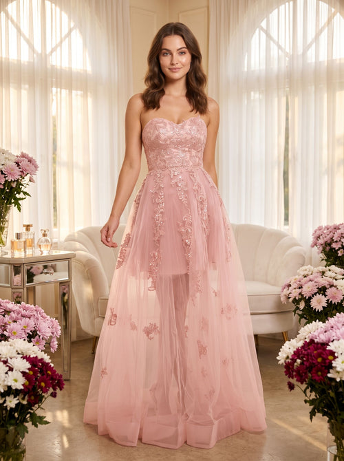 Blushing Pink Tulle A-Line Sweetheart Lace-up Floor-Length Dress with Floral Appliques