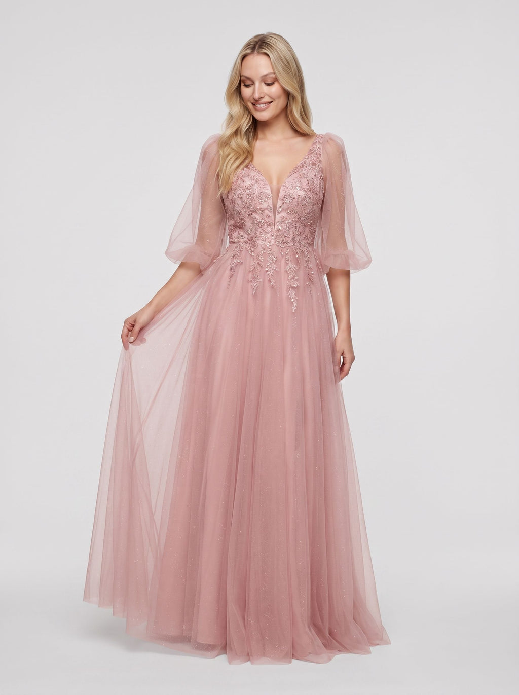 Blushing Pink Tulle A-Line V-Neck V-Back Floor-Length Dress with Lace Appliques & Voluminous Sleeves