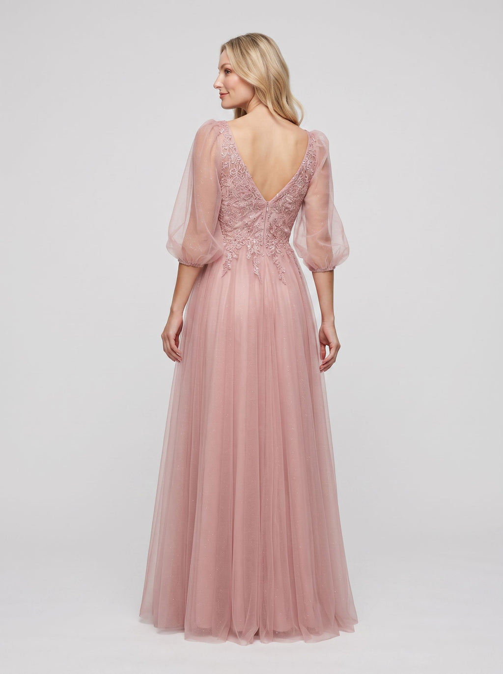 Blushing Pink Tulle A-Line V-Neck V-Back Floor-Length Dress with Lace Appliques & Voluminous Sleeves