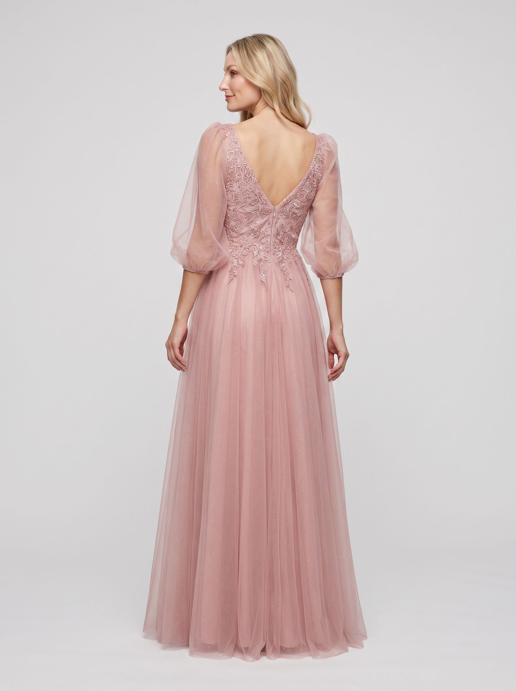 Blushing Pink Tulle A-Line V-Neck V-Back Floor-Length Dress with Lace Appliques & Voluminous Sleeves