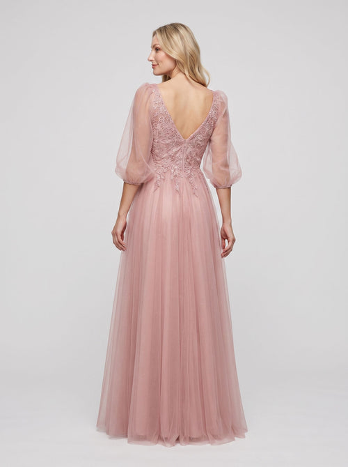 Blushing Pink Tulle A-Line V-Neck V-Back Floor-Length Dress with Lace Appliques & Voluminous Sleeves