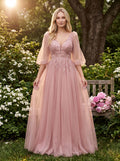 Blushing Pink Tulle A-Line V-Neck V-Back Floor-Length Dress with Lace Appliques & Voluminous Sleeves
