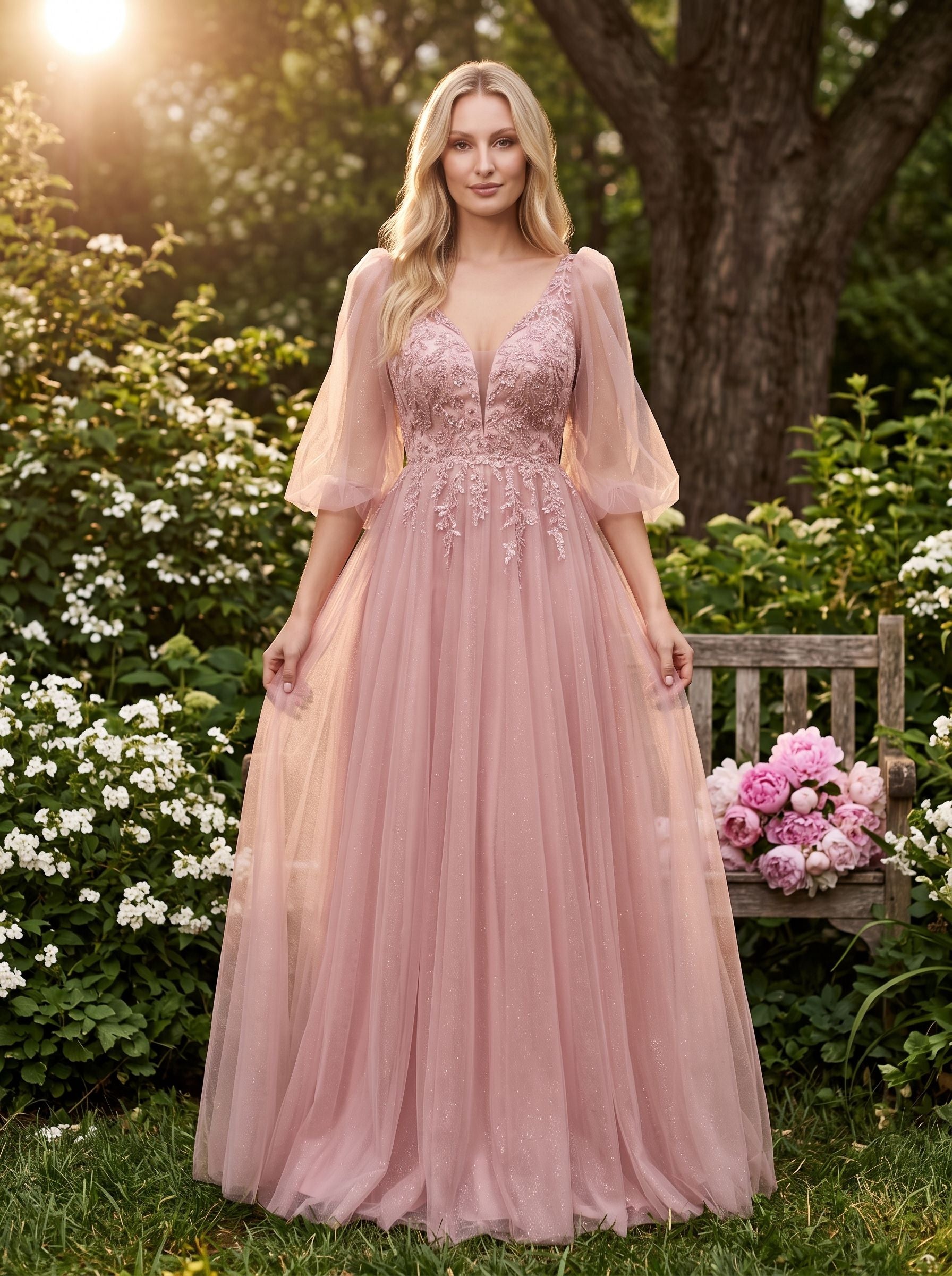 Blushing Pink Tulle A-Line V-Neck V-Back Floor-Length Dress with Lace Appliques & Voluminous Sleeves