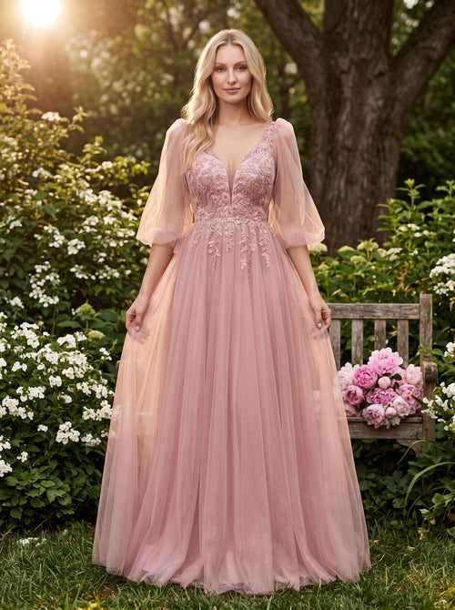 Blushing Pink Tulle A-Line V-Neck V-Back Floor-Length Dress with Lace Appliques & Voluminous Sleeves