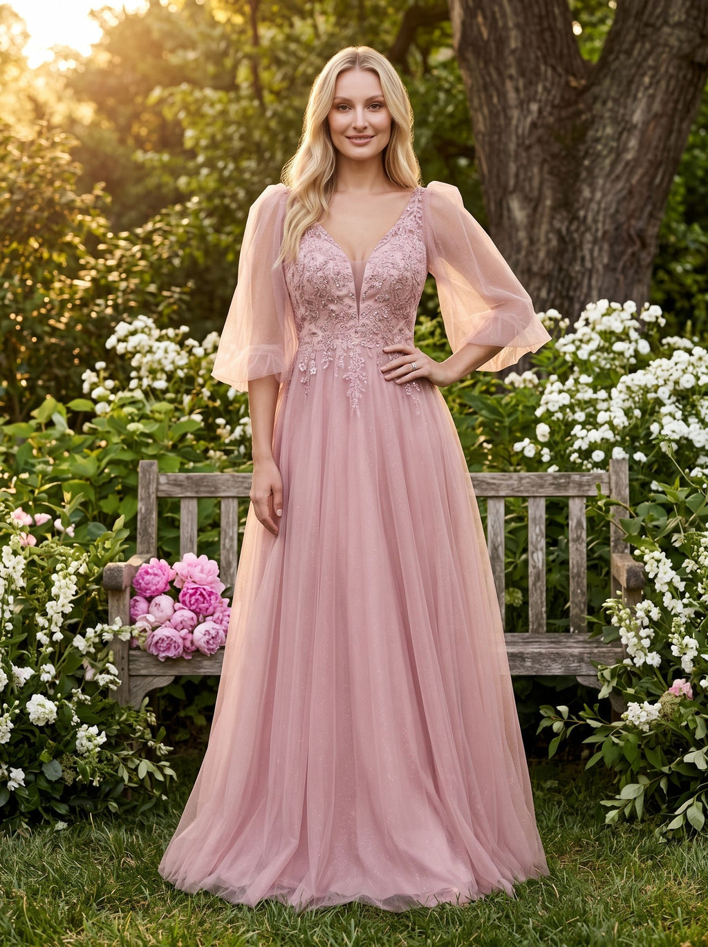 Blushing Pink Tulle A-Line V-Neck V-Back Floor-Length Dress with Lace Appliques & Voluminous Sleeves
