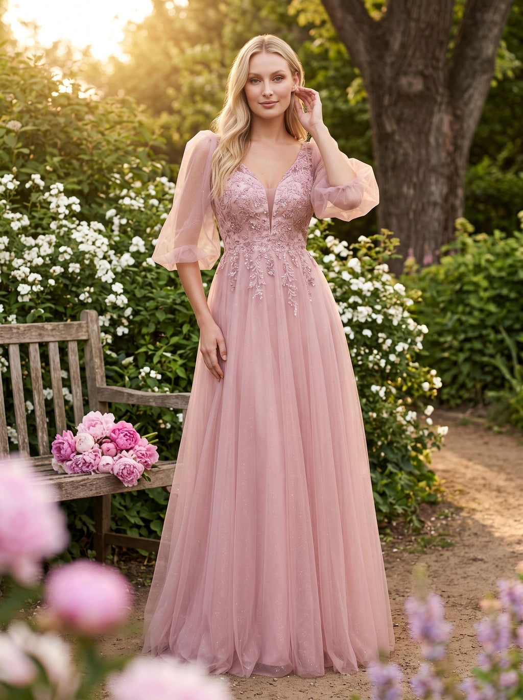 Blushing Pink Tulle A-Line V-Neck V-Back Floor-Length Dress with Lace Appliques & Voluminous Sleeves