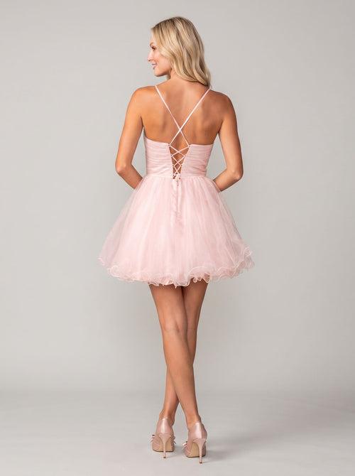 Blush Tulle A-Line V-Neck Lace-up Short Dress with Beaded Corset Bodice