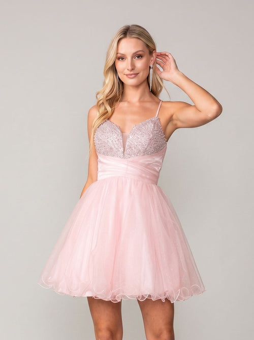 Blush Tulle A-Line V-Neck Lace-up Short Dress with Beaded Corset Bodice