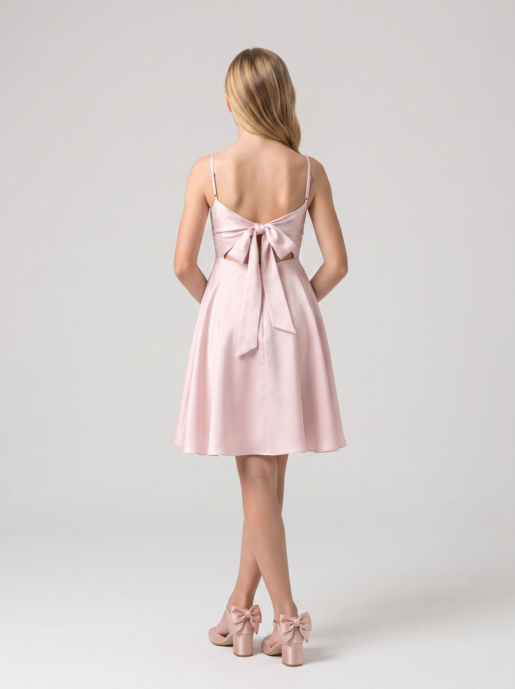 Blushing Pink Satin A-Line Straight Neck Back Zip Short Dress with Pleating