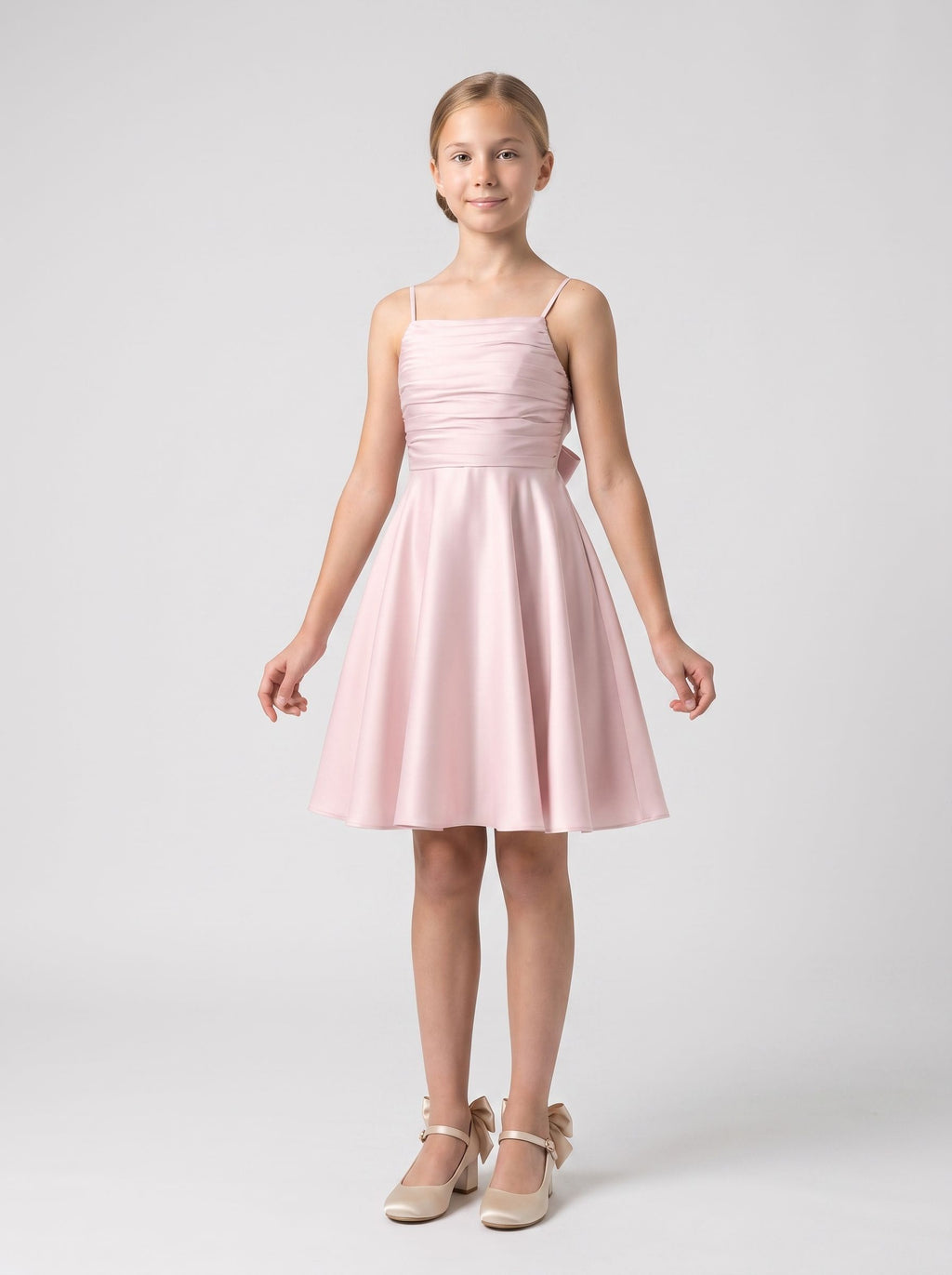 Blushing Pink Satin A-Line Straight Neck Back Zip Short Dress with Pleating