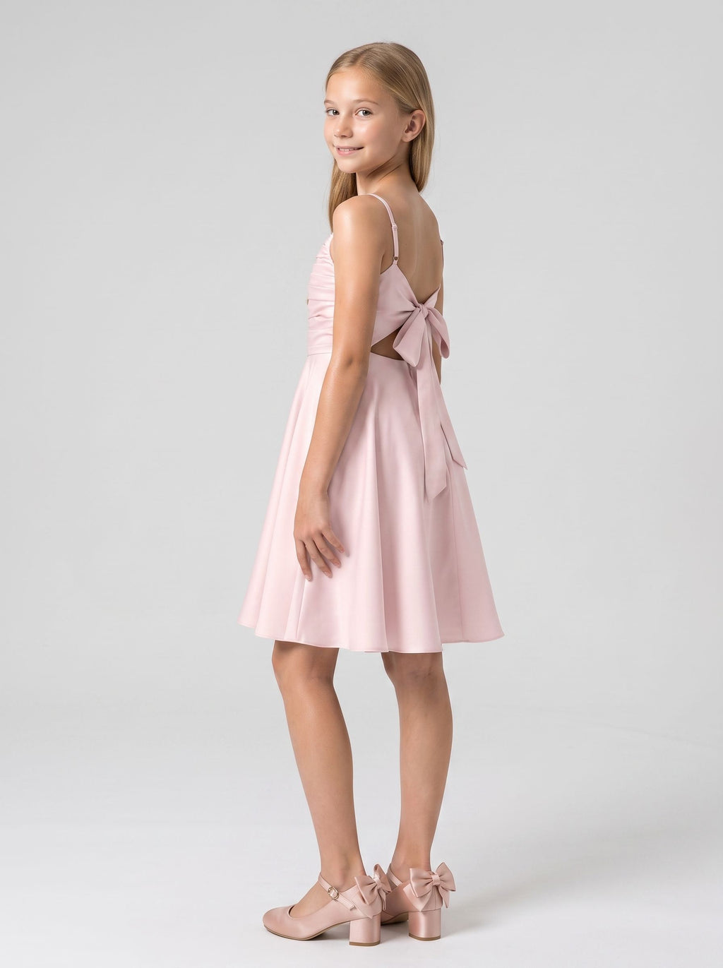 Blushing Pink Satin A-Line Straight Neck Back Zip Short Dress with Pleating