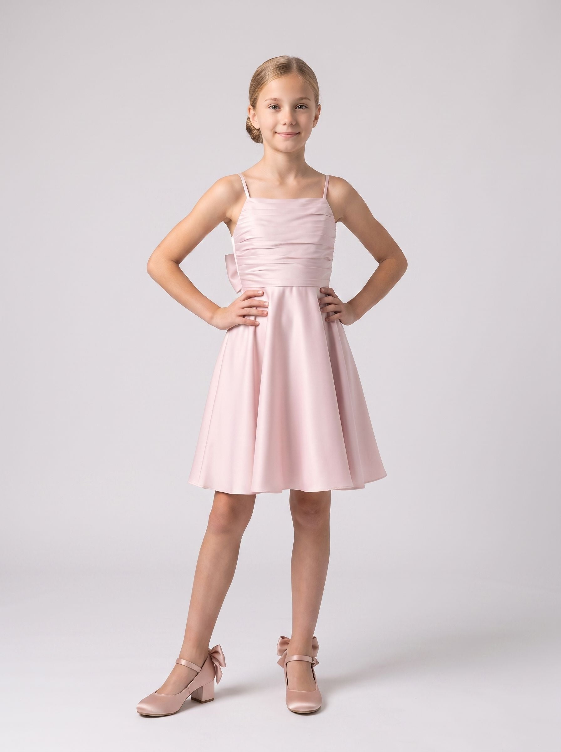 Blushing Pink Satin A-Line Straight Neck Back Zip Short Dress with Pleating