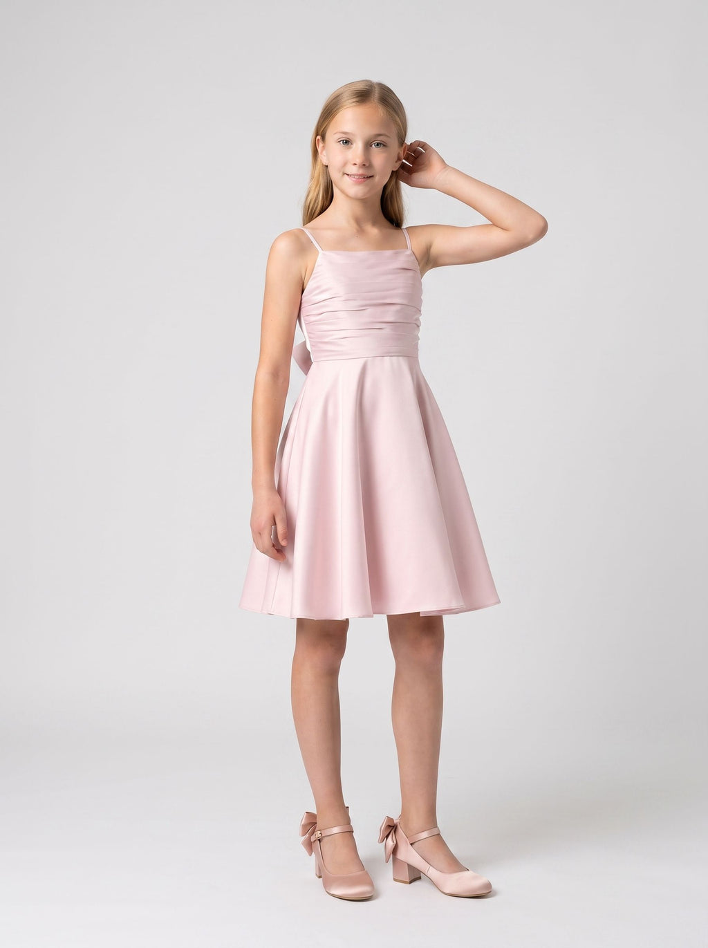 Blushing Pink Satin A-Line Straight Neck Back Zip Short Dress with Pleating