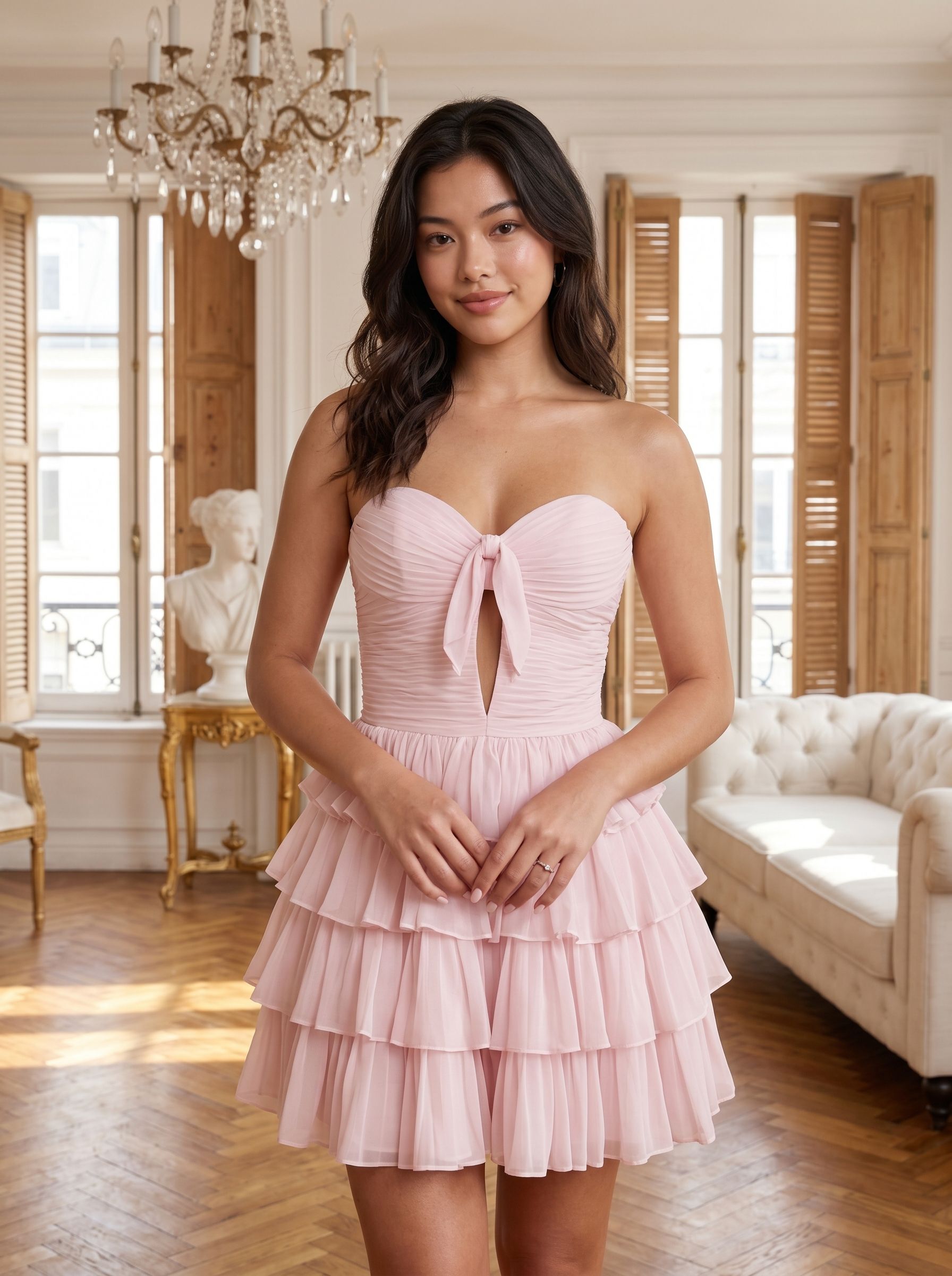 Blushing Pink Chiffon A-Line Sweetheart Back Zip Short Dress with Cascading Ruffles