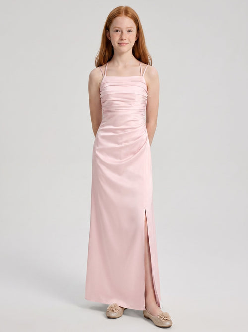 Blushing Pink Satin Sheath Halter neckline Back Zip Floor-Length Dress with Pleating
