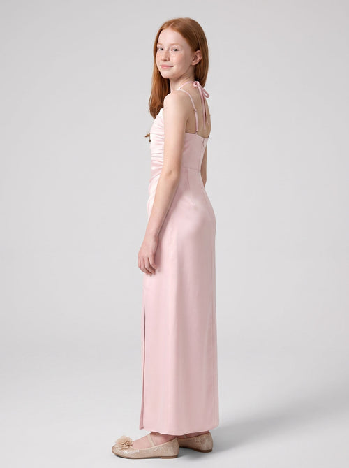 Blushing Pink Satin Sheath Halter neckline Back Zip Floor-Length Dress with Pleating