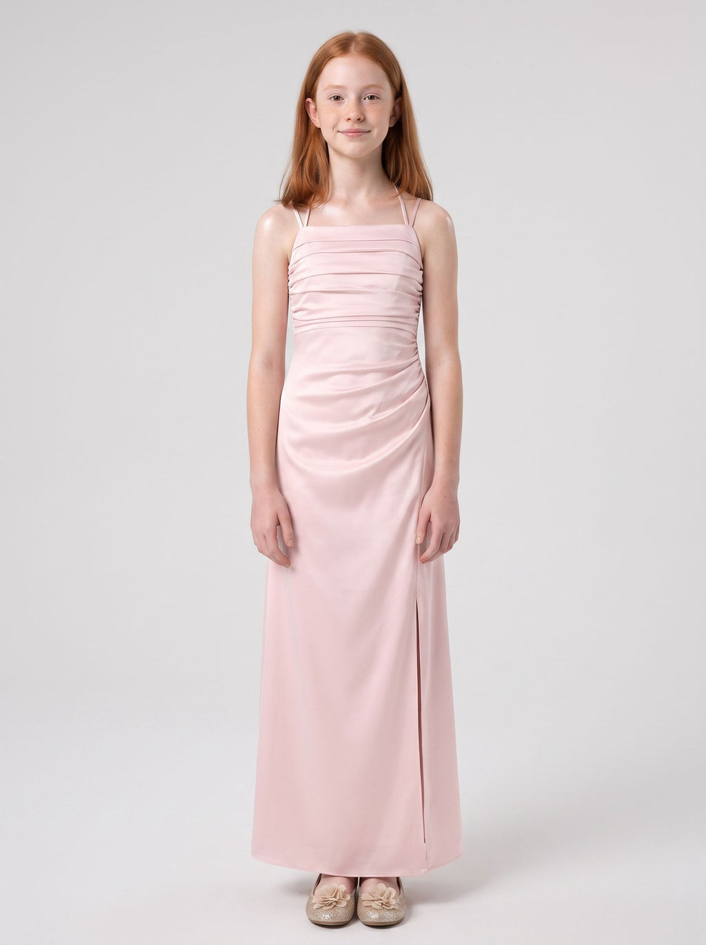 Blushing Pink Satin Sheath Halter neckline Back Zip Floor-Length Dress with Pleating