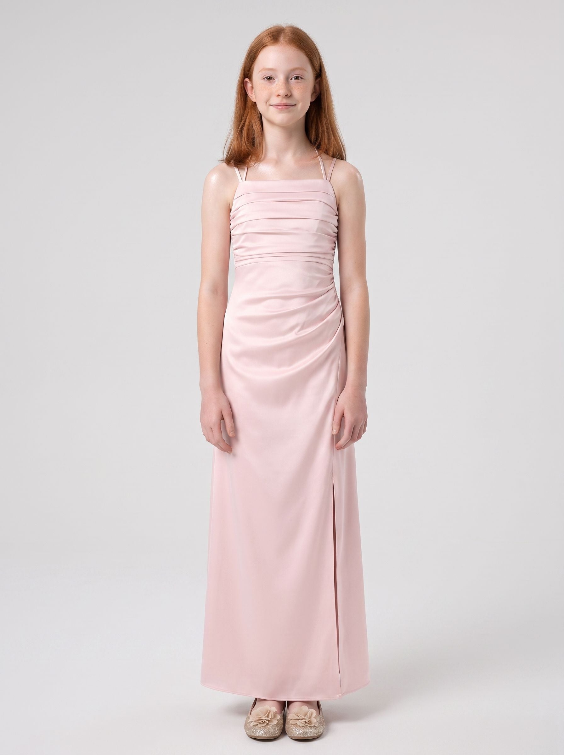 Blushing Pink Satin Sheath Halter neckline Back Zip Floor-Length Dress with Pleating
