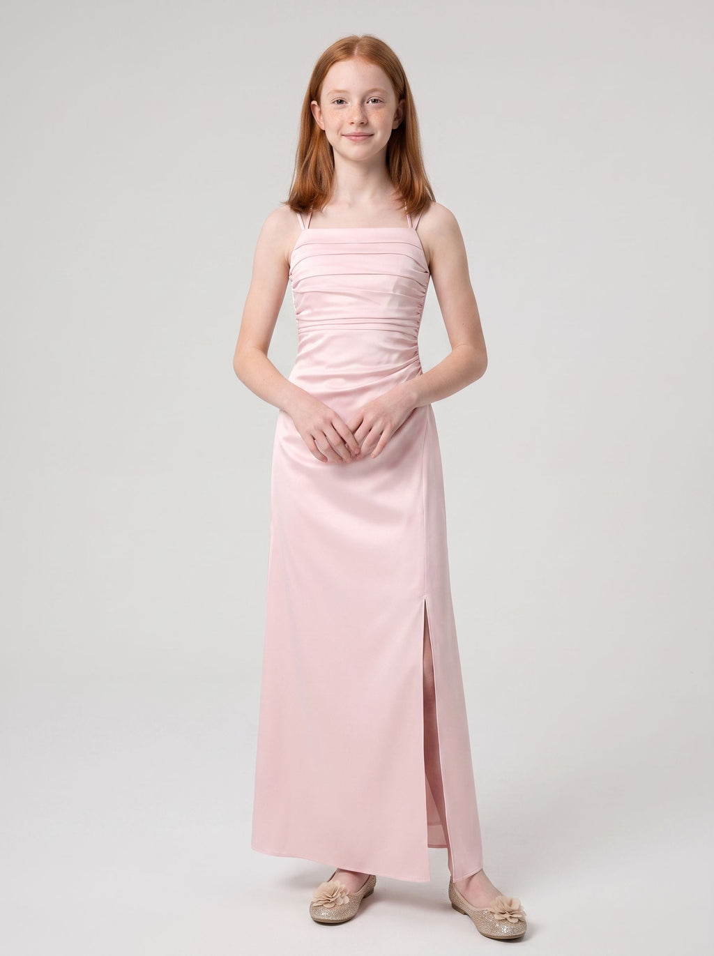 Blushing Pink Satin Sheath Halter neckline Back Zip Floor-Length Dress with Pleating