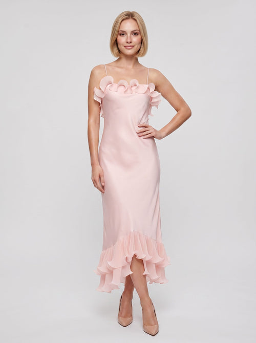 Blushing Pink Satin Sheath Straight Neck Backless Floor-Length Dress with Accordion Pleats