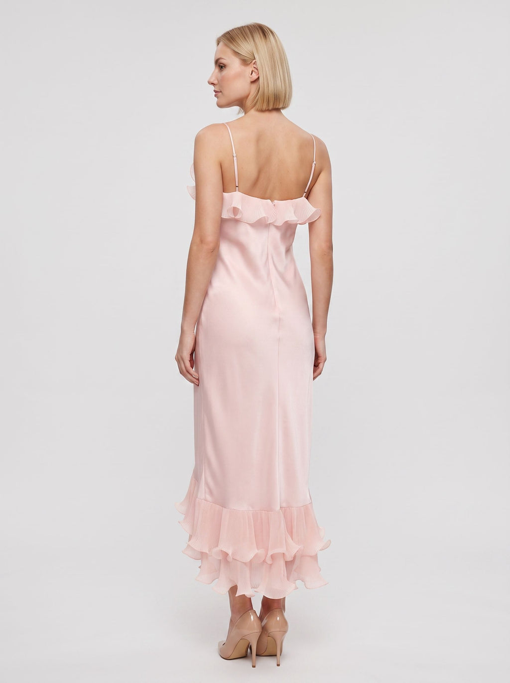 Blushing Pink Satin Sheath Straight Neck Backless Floor-Length Dress with Accordion Pleats