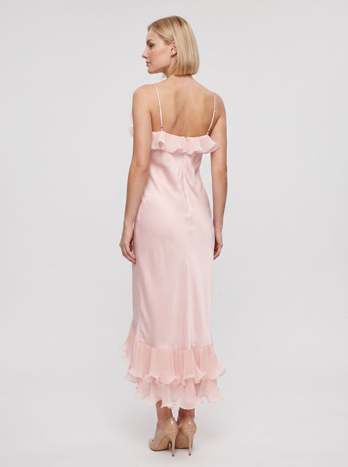 Blushing Pink Satin Sheath Straight Neck Backless Floor-Length Dress with Accordion Pleats