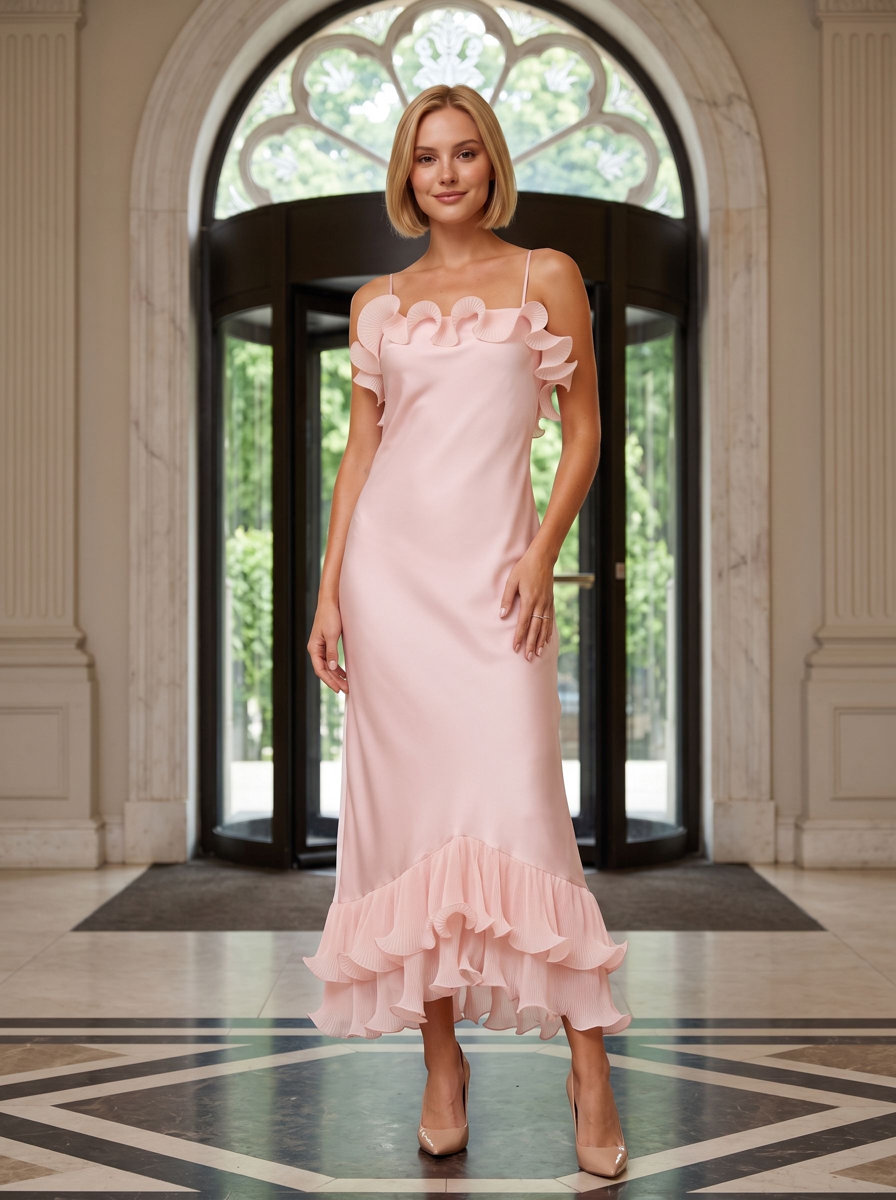 Blushing Pink Satin Sheath Straight Neck Backless Floor-Length Dress with Accordion Pleats