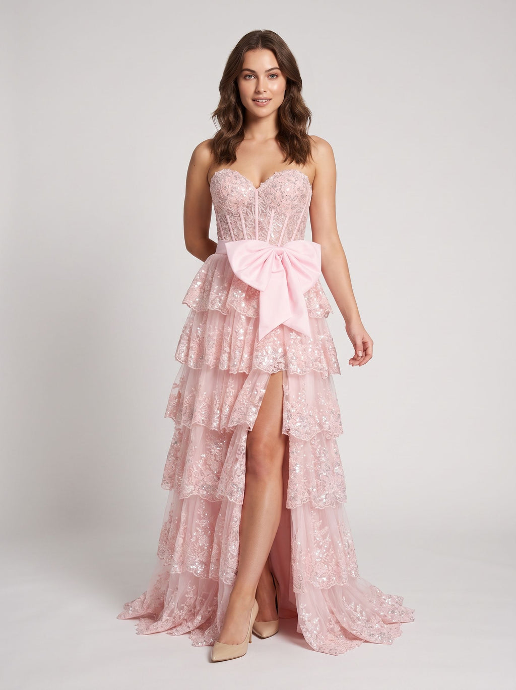 Blushing Pink Sequins A-Line Sweetheart Back Zip Floor-Length Dress with Tiered Skirt