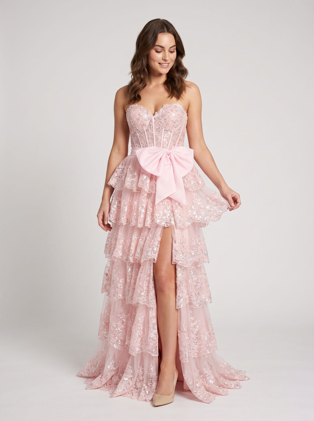 Blushing Pink Sequins A-Line Sweetheart Back Zip Floor-Length Dress with Tiered Skirt