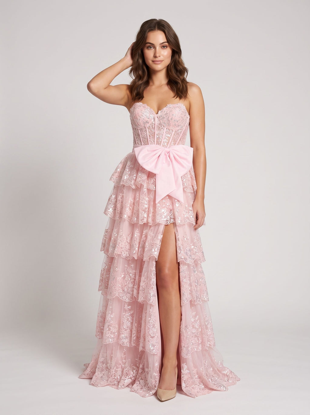 Blushing Pink Sequins A-Line Sweetheart Back Zip Floor-Length Dress with Tiered Skirt