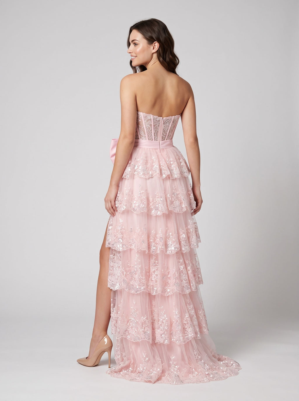 Blushing Pink Sequins A-Line Sweetheart Back Zip Floor-Length Dress with Tiered Skirt