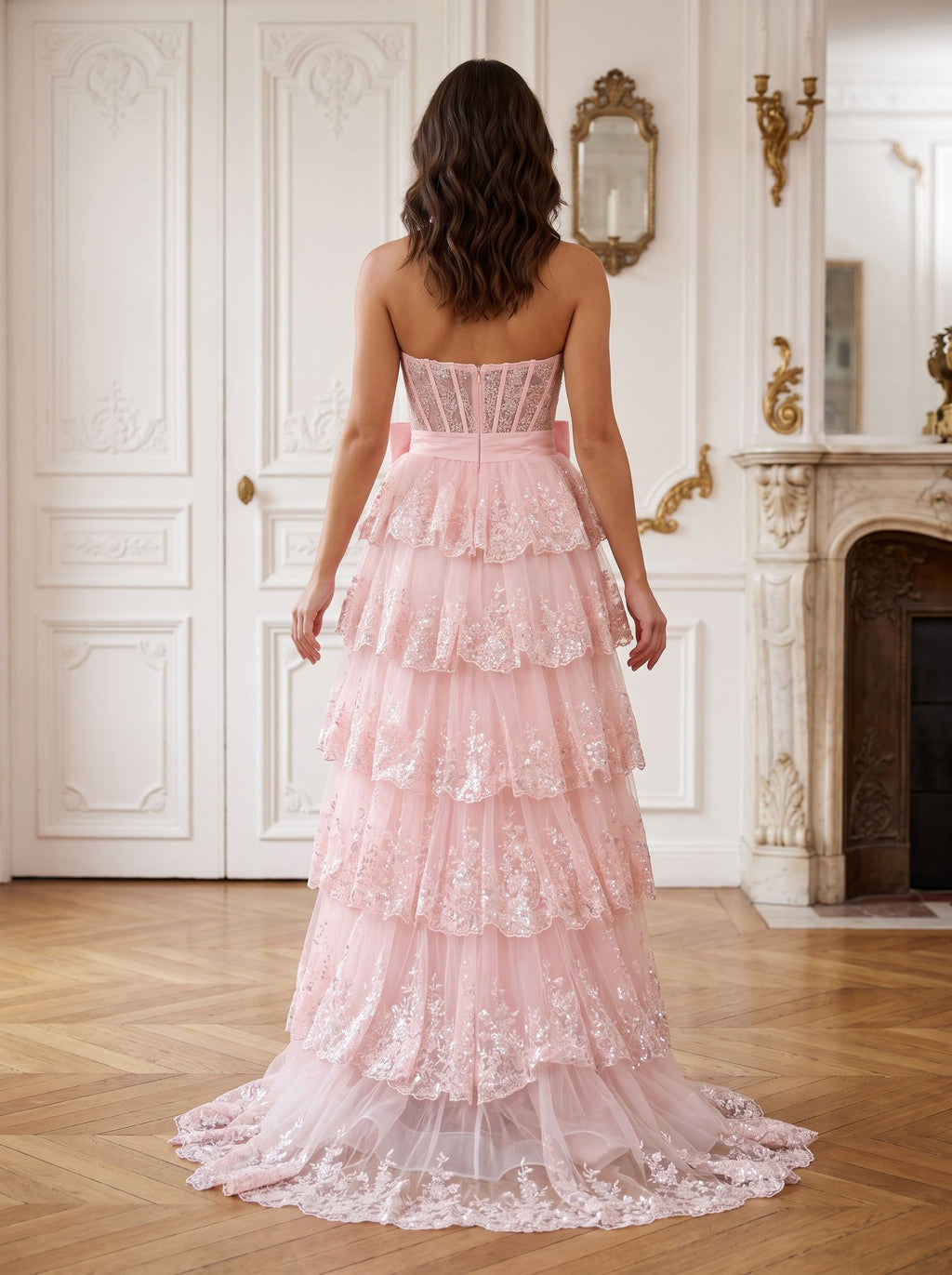 Blushing Pink Sequins A-Line Sweetheart Back Zip Floor-Length Dress with Tiered Skirt