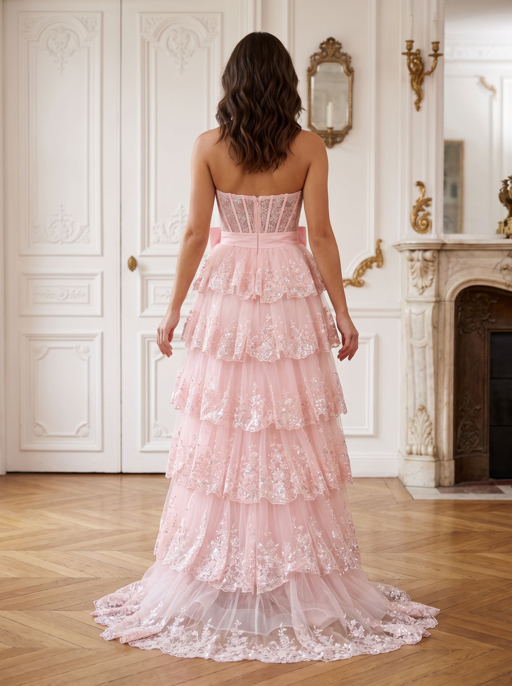 Blushing Pink Sequins A-Line Sweetheart Back Zip Floor-Length Dress with Tiered Skirt