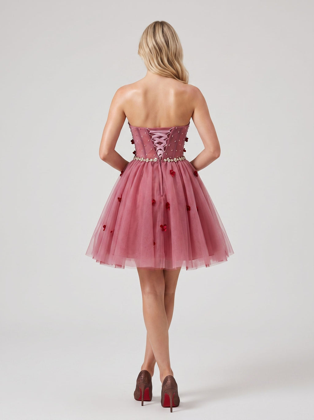 Pink Tulle A-Line Sweetheart Criss-Cross Straps Short Dress with 3D Flowers