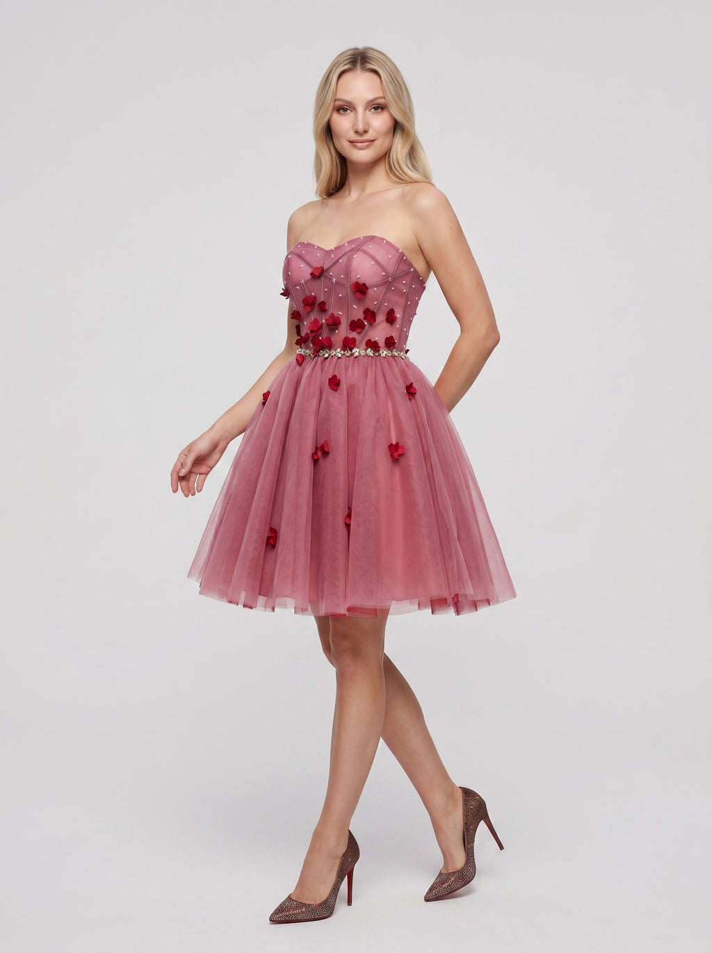Pink Tulle A-Line Sweetheart Criss-Cross Straps Short Dress with 3D Flowers