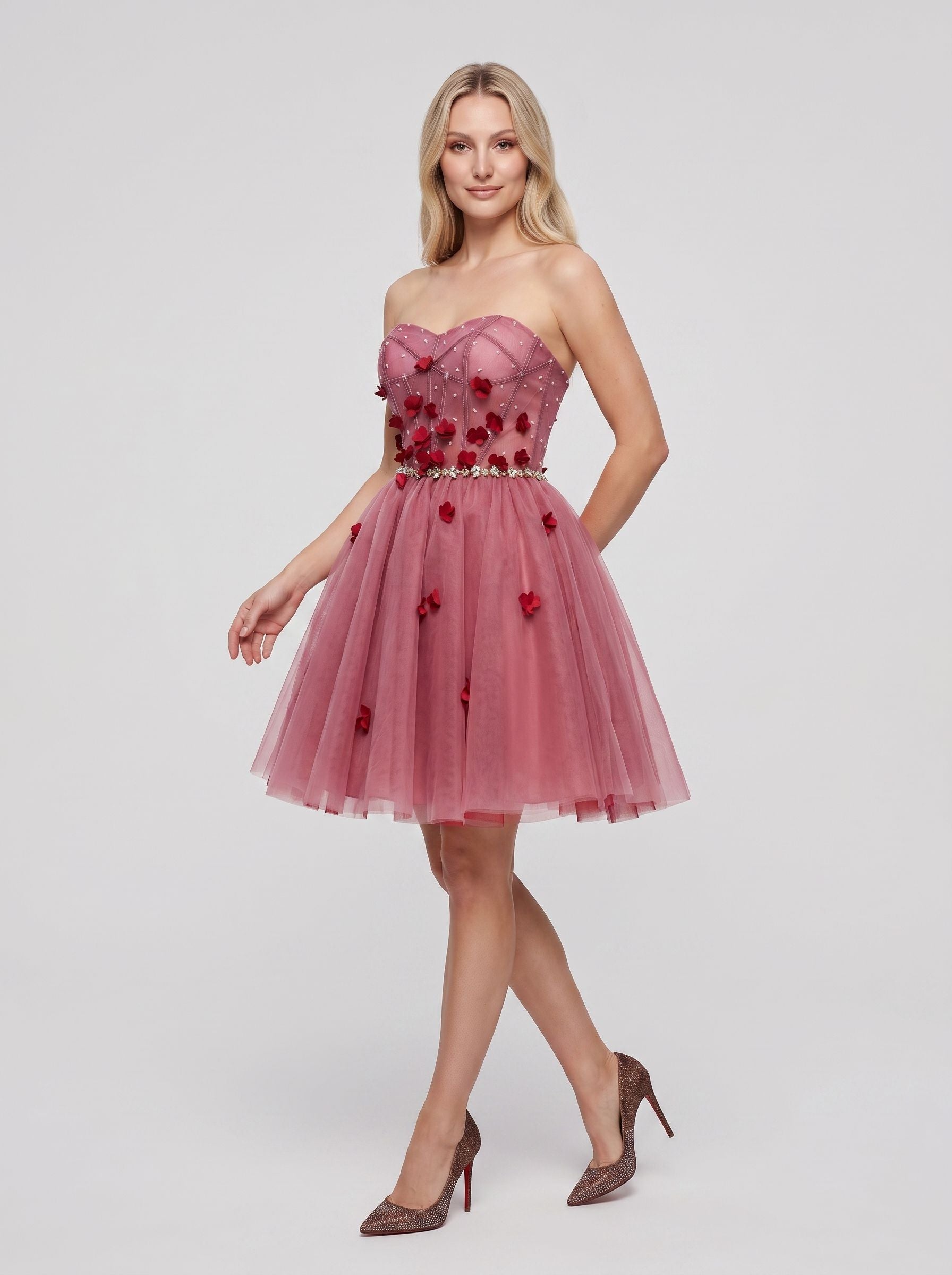 Pink Tulle A-Line Sweetheart Criss-Cross Straps Short Dress with 3D Flowers