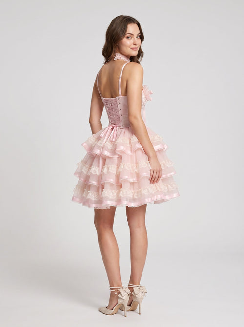 Blushing Pink Tulle A-Line Sweetheart Lace-up Short Dress with Ruffles