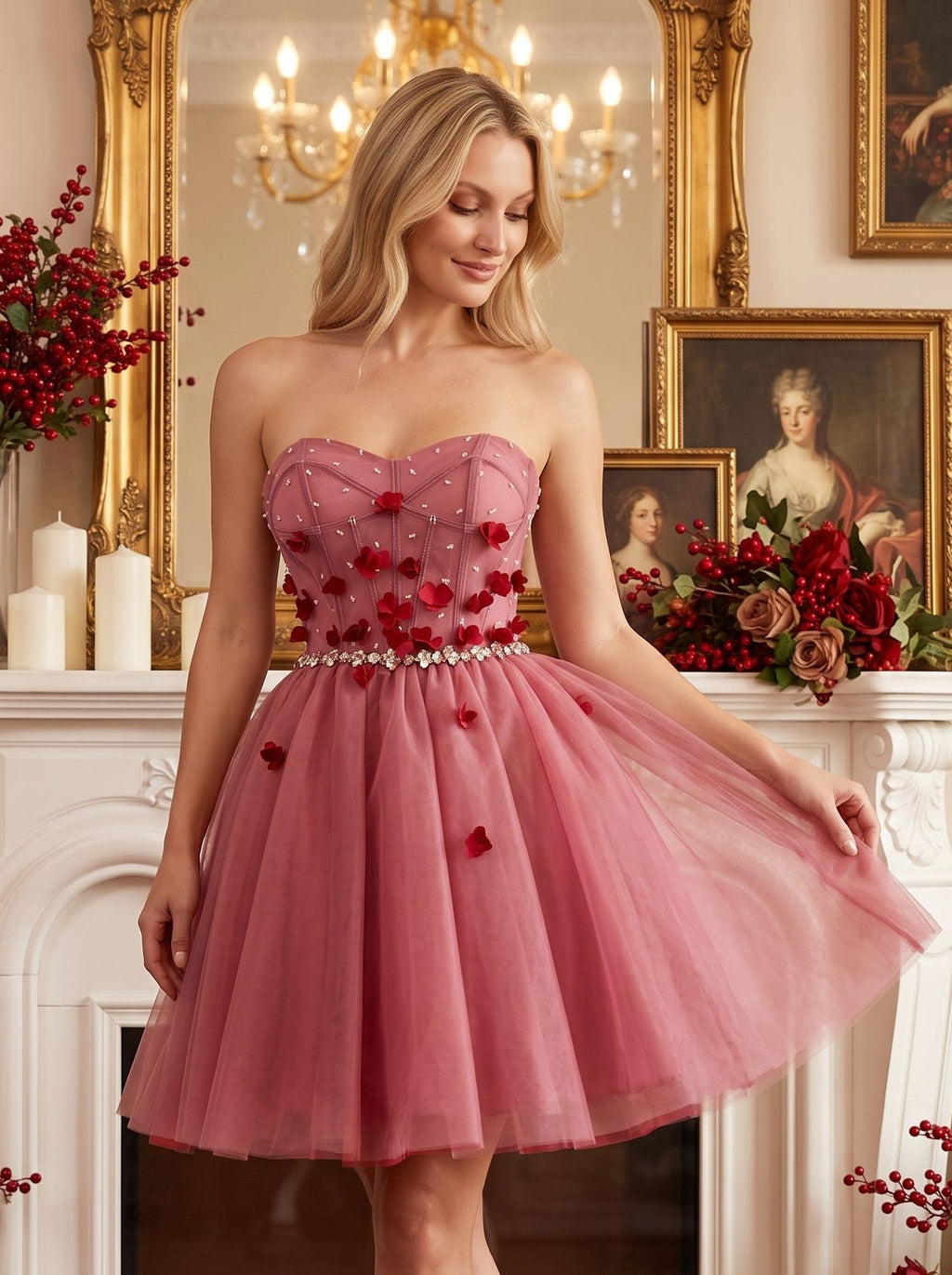 Pink Tulle A-Line Sweetheart Criss-Cross Straps Short Dress with 3D Flowers