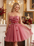 Pink Tulle A-Line Sweetheart Criss-Cross Straps Short Dress with 3D Flowers