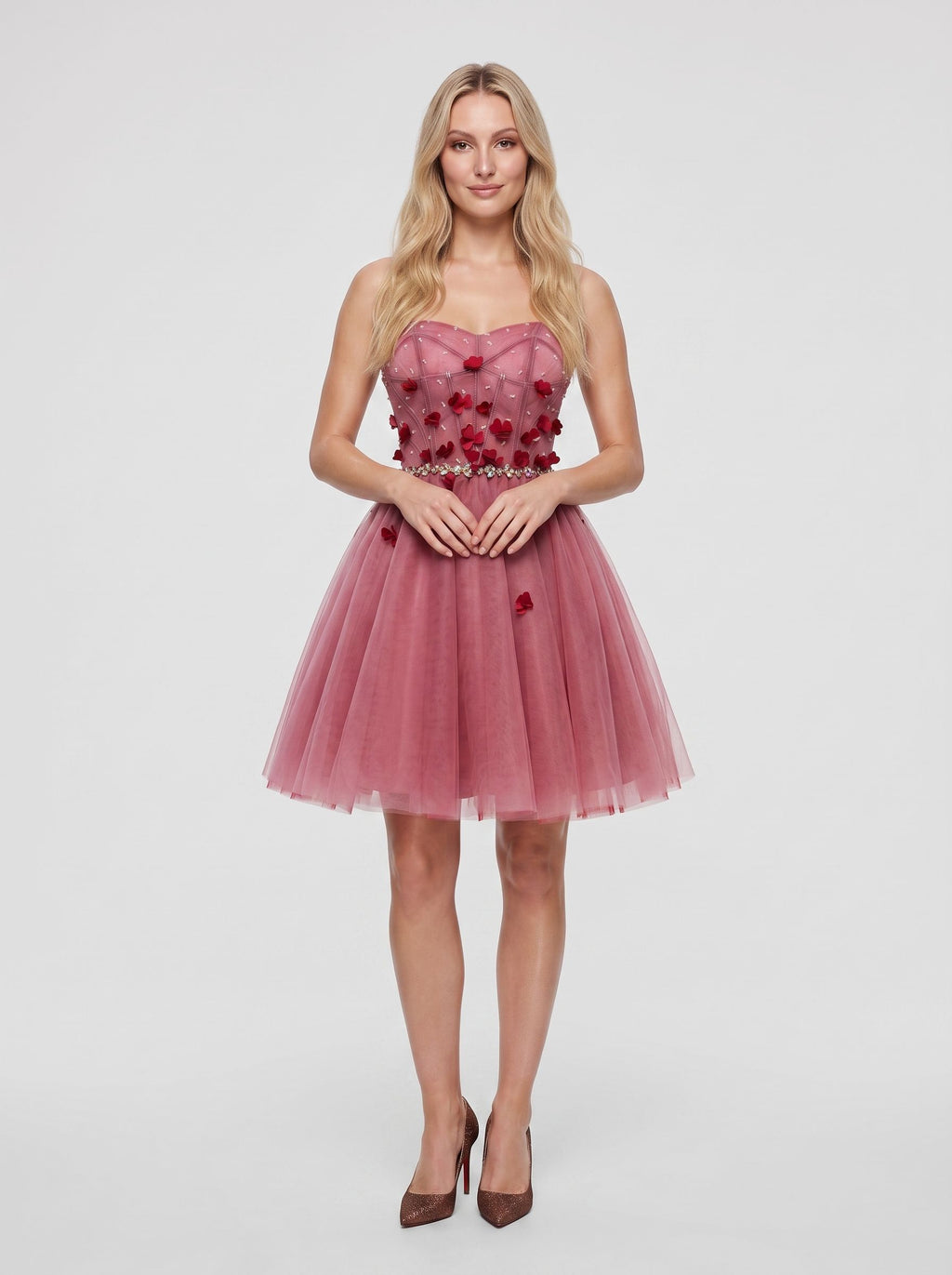 Pink Tulle A-Line Sweetheart Criss-Cross Straps Short Dress with 3D Flowers