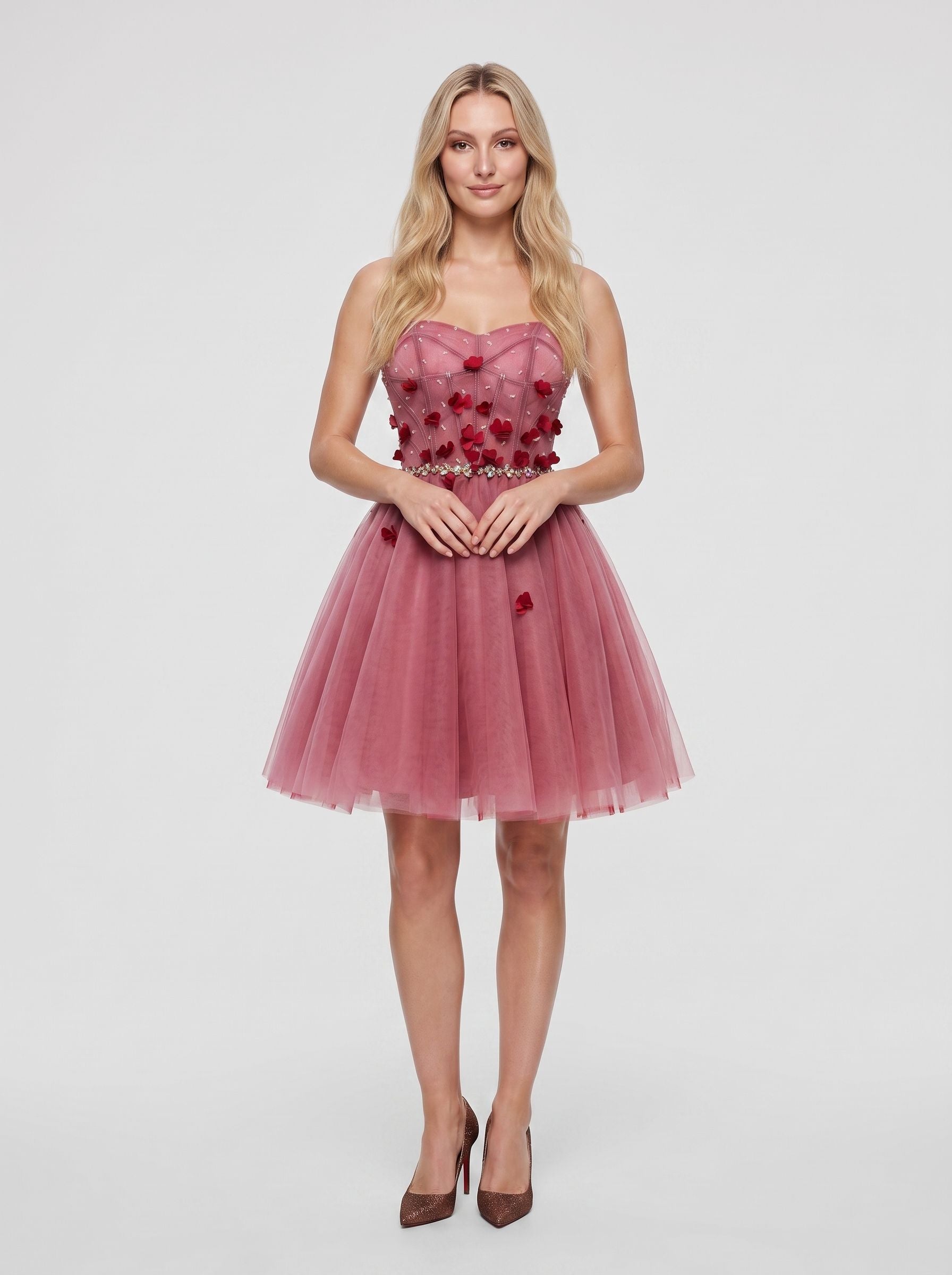 Pink Tulle A-Line Sweetheart Criss-Cross Straps Short Dress with 3D Flowers