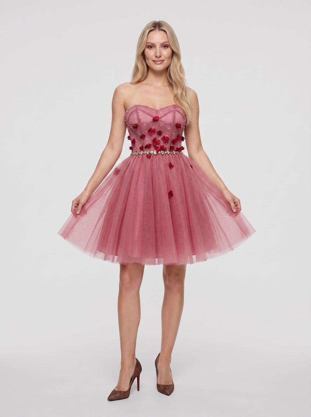 Pink Tulle A-Line Sweetheart Criss-Cross Straps Short Dress with 3D Flowers