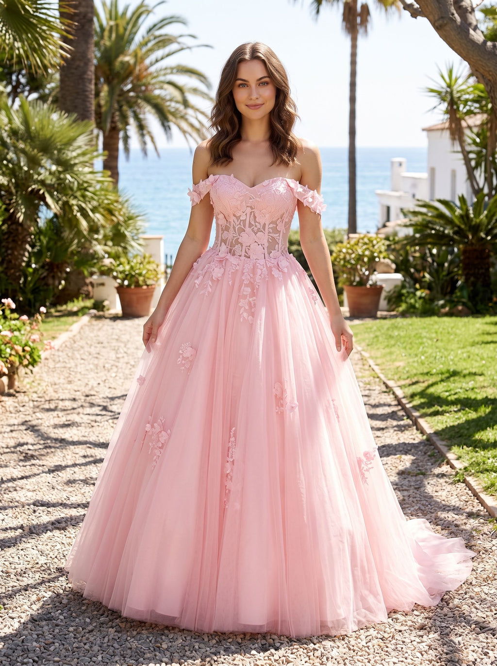 Blushing Pink Tulle & Lace A-Line Off-the-Shoulder Lace-up Floor-Length Dress with Lace Appliques