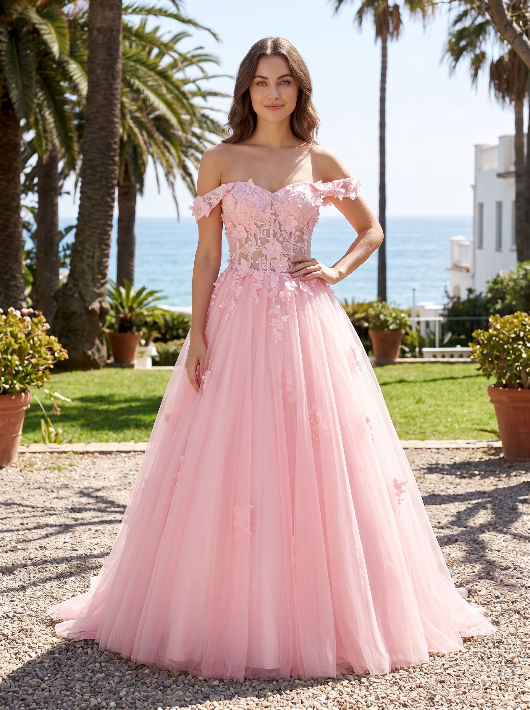 Blushing Pink Tulle & Lace A-Line Off-the-Shoulder Lace-up Floor-Length Dress with Lace Appliques