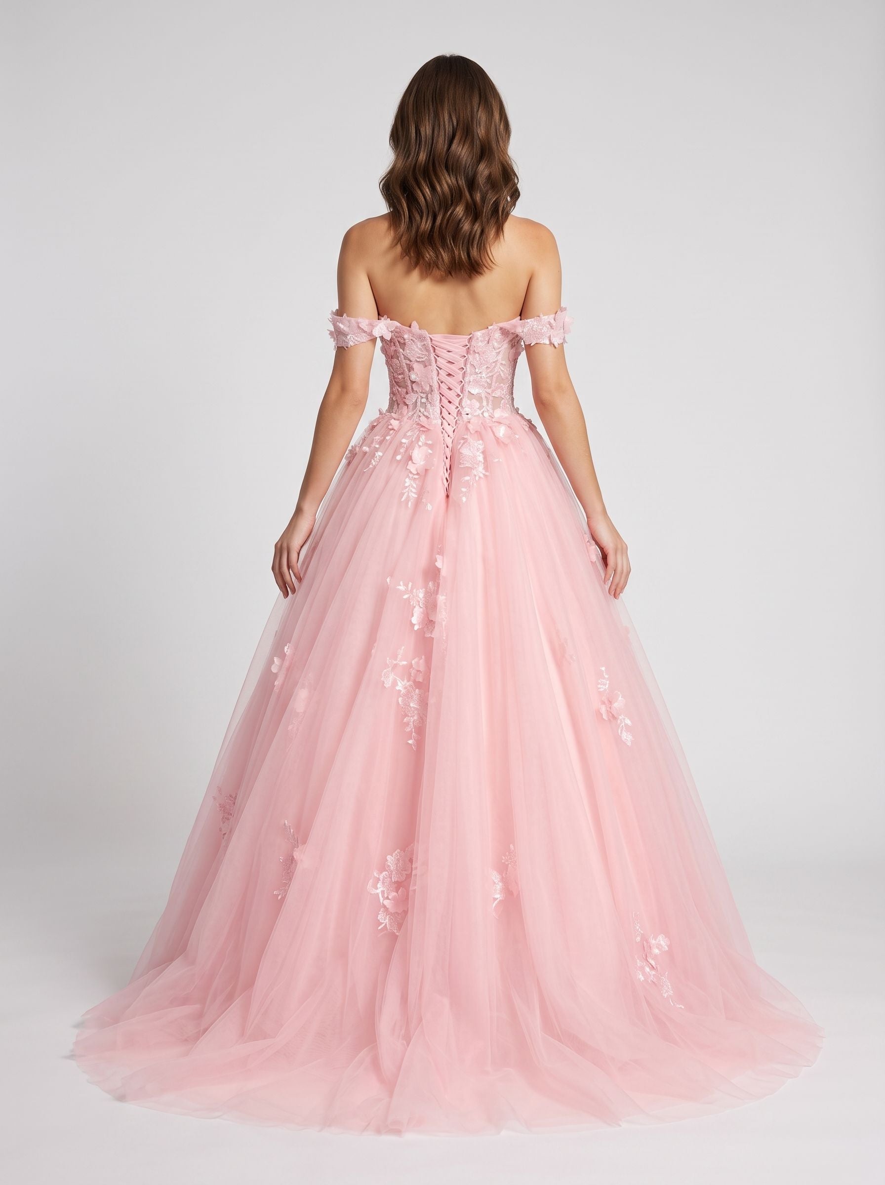 Blushing Pink Tulle & Lace A-Line Off-the-Shoulder Lace-up Floor-Length Dress with Lace Appliques